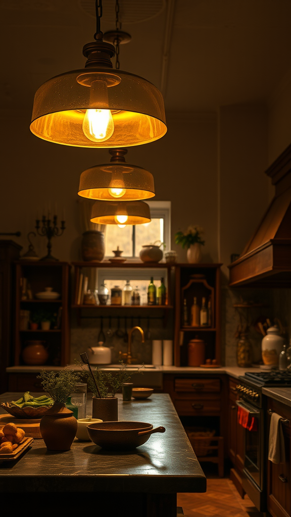 A warm-lit old-world kitchen showcasing rustic hanging lights and a cozy atmosphere