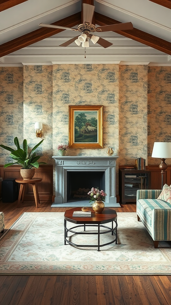 A beautifully styled living room featuring vintage wallpaper, elegant furniture, and warm wooden accents.