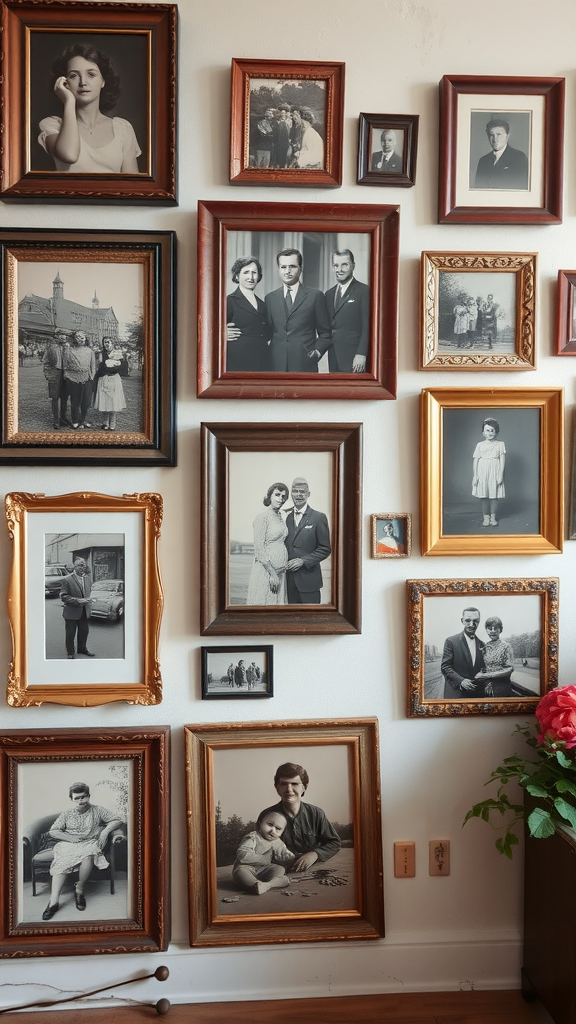 Gallery wall with vintage picture frames featuring black and white photographs.