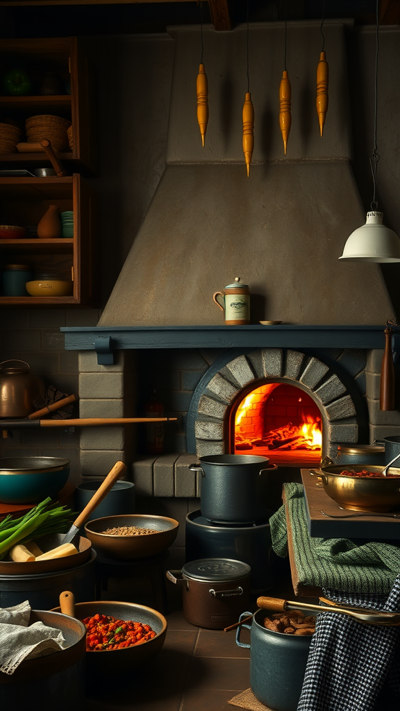 An old-world kitchen with a wood-fired oven and various cooking pots.