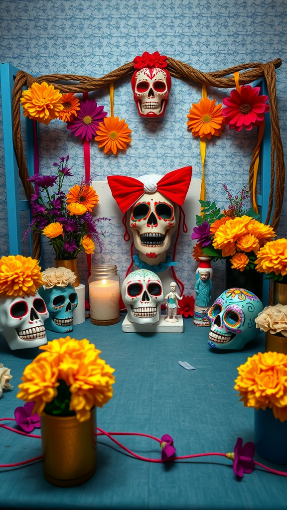 Colorful Day of the Dead decor with sugar skulls and marigold flowers.