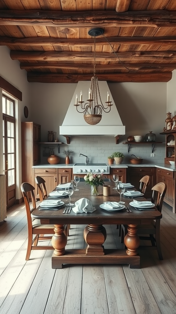 A traditional dining area featuring a wooden table set with plates and glasses, surrounded by chairs, under a rustic wooden ceiling.