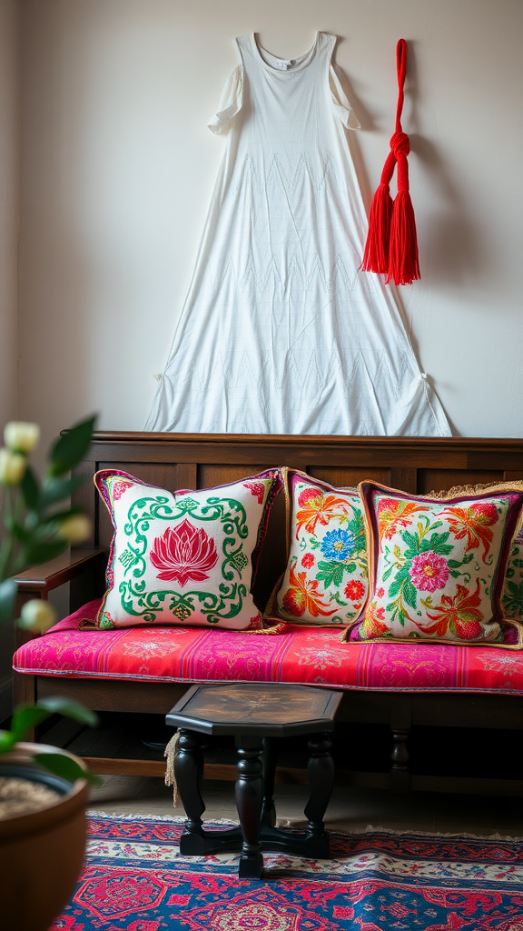 Colorful traditional embroidered pillows on a sofa