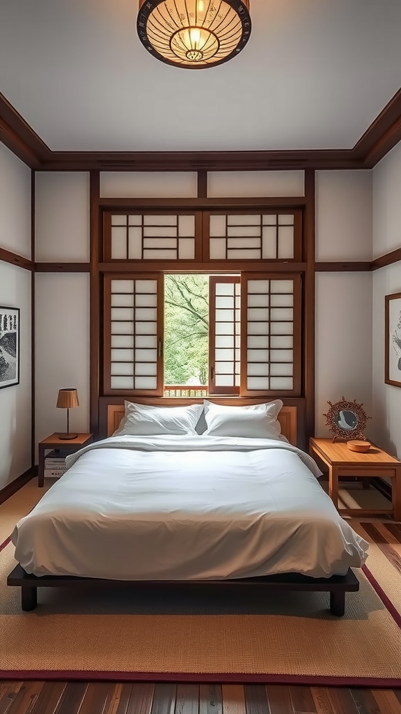 A cozy bedroom with Hanok-inspired decor, featuring wooden elements and a serene atmosphere.