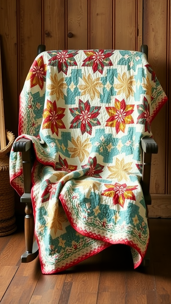 A beautifully patterned quilt draped over a chair.