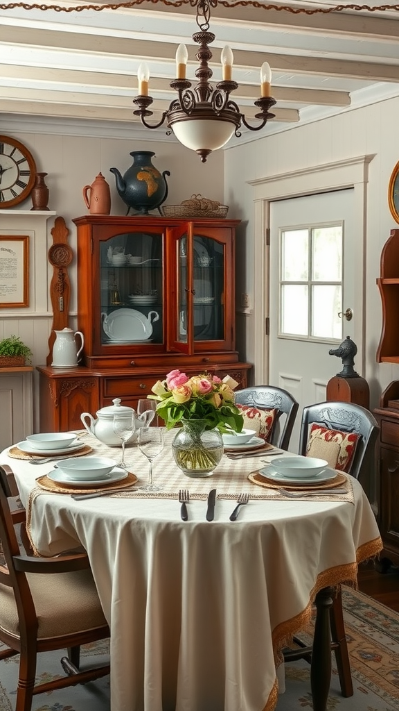 A cozy old-world kitchen table set with a white tablecloth, fine china, and a vase of roses.