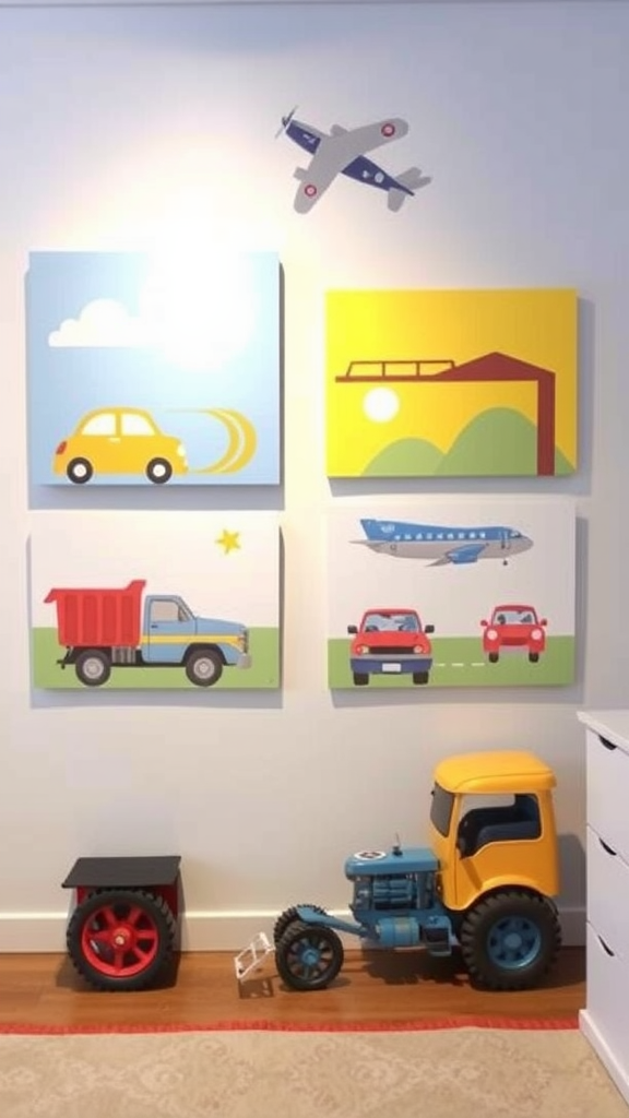 Colorful transportation-themed wall art with images of cars, trucks, and an airplane.