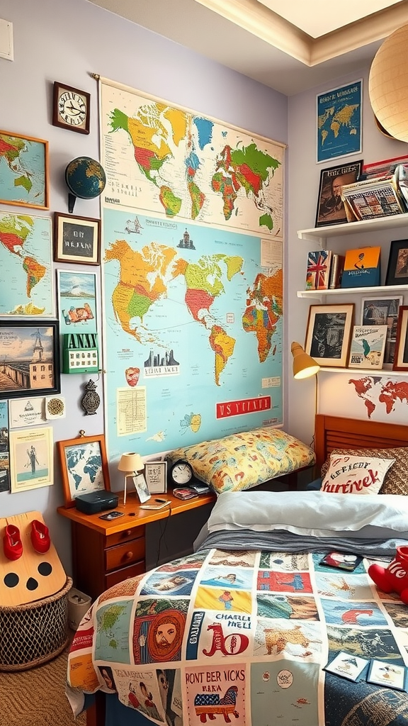 A travel-themed bedroom featuring maps, travel posters, and a colorful quilt.