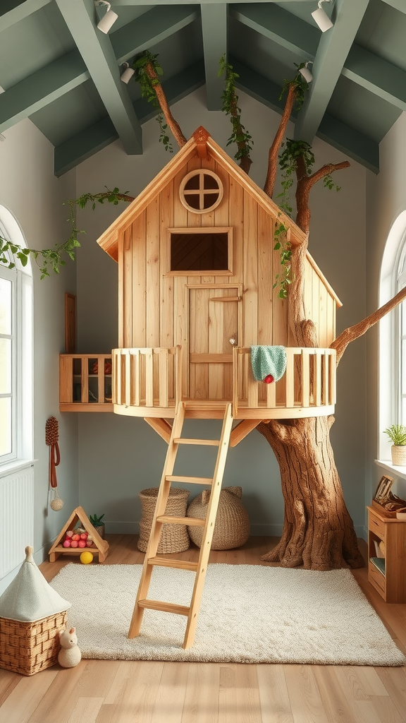 Wooden treehouse play structure in a bright playroom