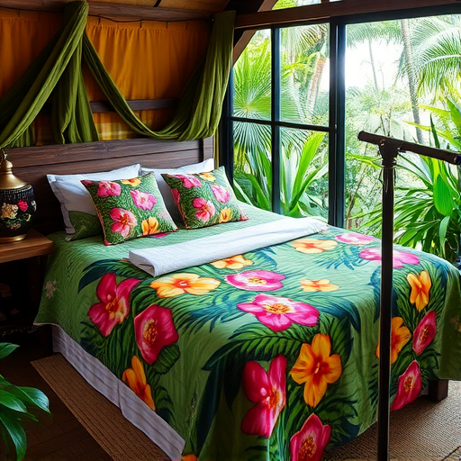 A colorful tropical-themed bedspread with flowers on a bed in a cozy room surrounded by greenery.