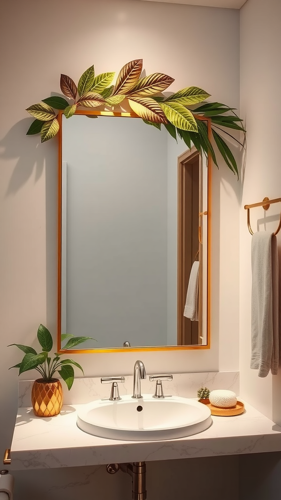 A bathroom with a tropical-themed mirror featuring leaves, a round sink, and a plant.