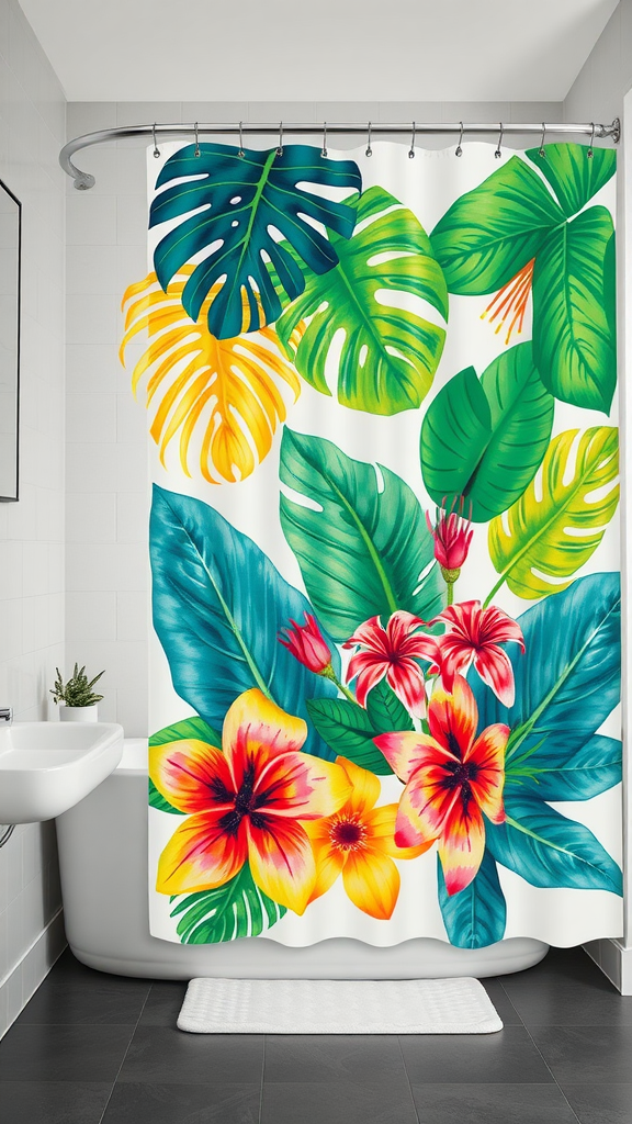 Colorful tropical shower curtain featuring large green leaves and bright flowers.