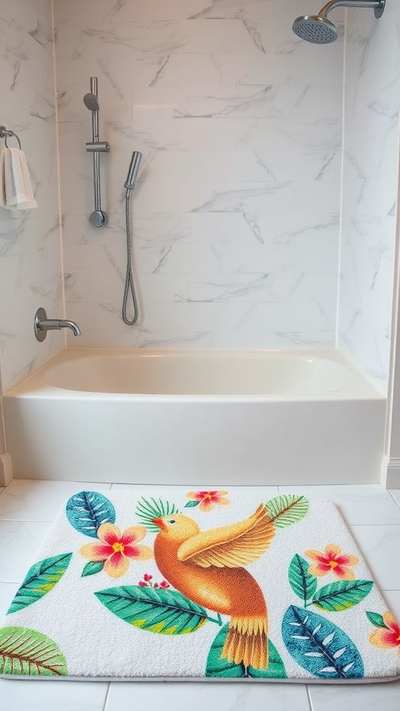 A colorful bath mat with a bird and tropical leaves design, placed in a bathroom.