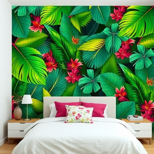 A bedroom featuring a tropical leaf wall mural with vibrant green leaves and flowers.