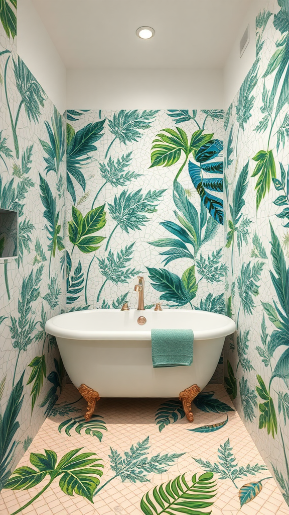 A tropical-themed bathroom featuring lush green mosaic tiles on the walls and floor, with a white freestanding bathtub.