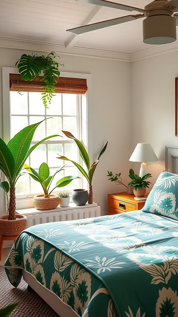 A cozy bedroom adorned with various tropical plants, featuring a vibrant bedding set.