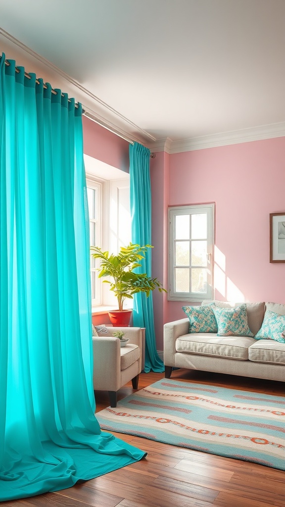 Living room with turquoise curtains and pastel decor