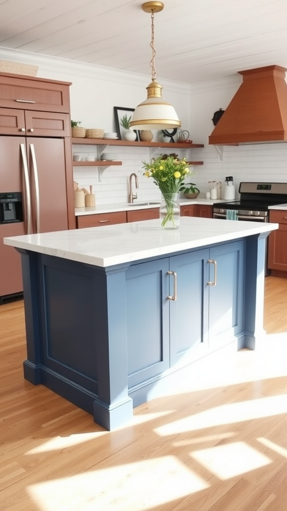 A two-toned farmhouse kitchen island with a navy base and white countertop, surrounded by warm wood cabinetry.