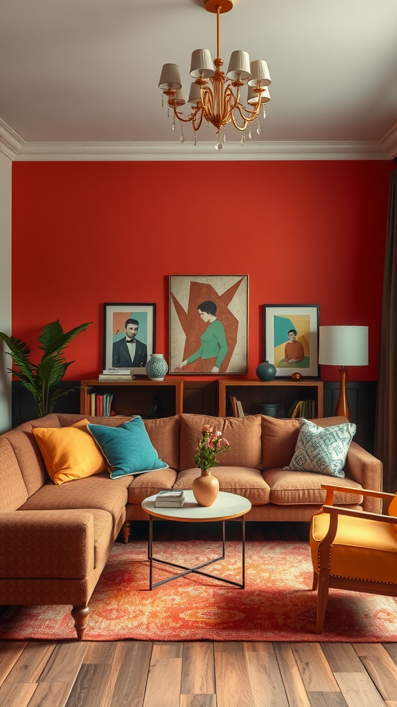 A cozy living room featuring bold color combinations with a red wall, brown sofa, and colorful decor.