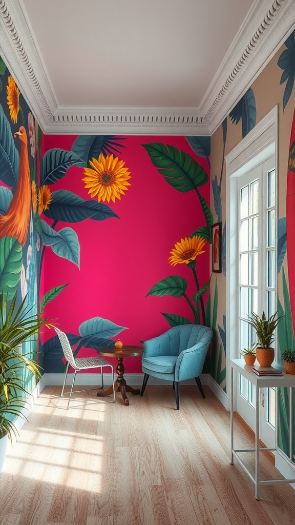 A cozy corner with a bright pink wall adorned with sunflowers and tropical leaves, complemented by a blue chair and a small table.