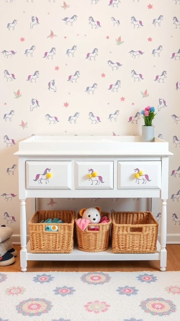 A changing table decorated with unicorn-themed accessories and colorful baskets.