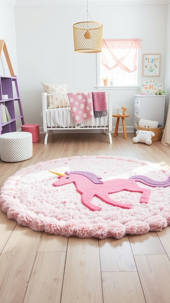 A soft pink unicorn-themed floor rug in a nursery room.