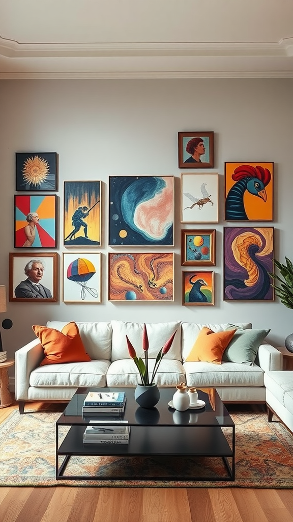 A living room with a vibrant array of artwork displayed on the wall, featuring various styles and colors.