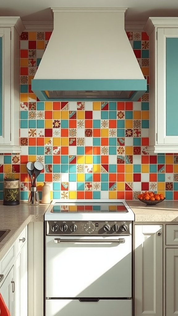 A 1950s style kitchen with a colorful mosaic tile backsplash behind the stove.