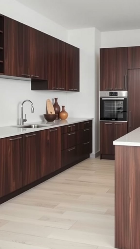 A modern kitchen featuring espresso-colored cabinets with a sleek design.