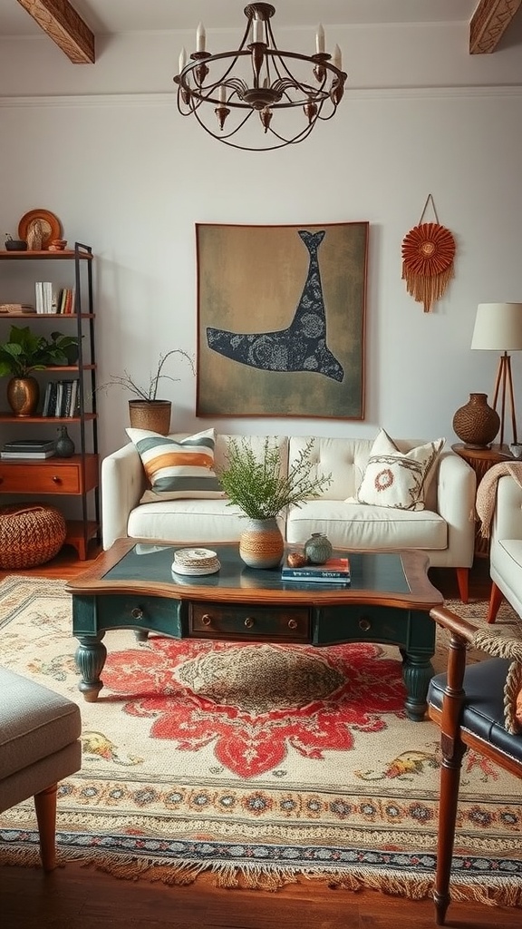 A cozy vintage boho living room featuring a unique coffee table with intricate designs.