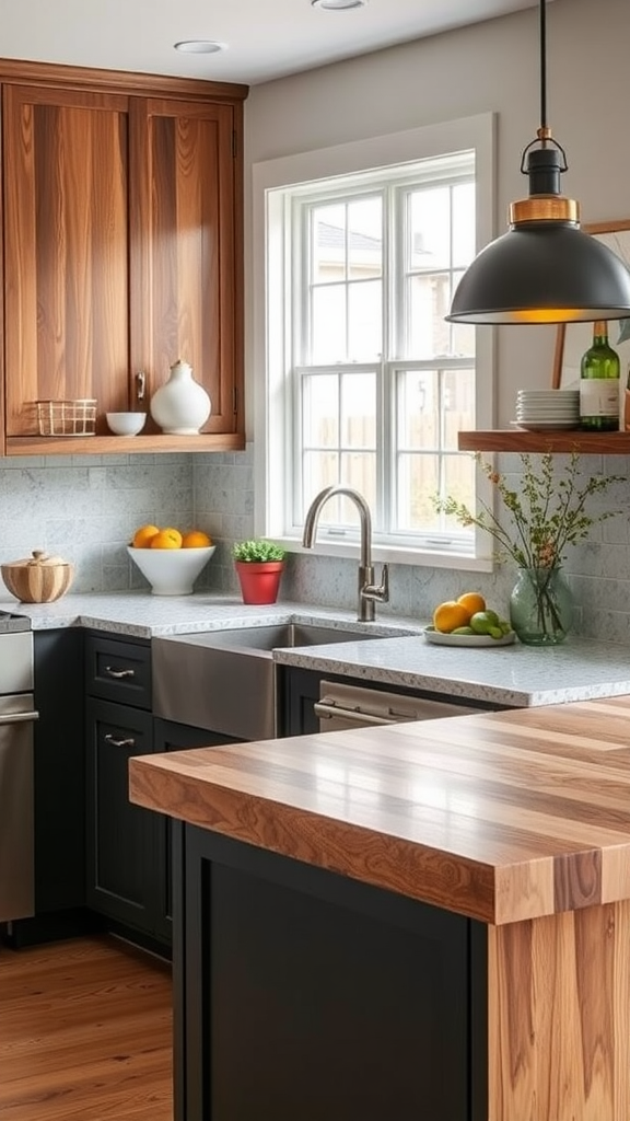 A kitchen with a wooden countertop and various fruits on display, showcasing unique textures and materials.