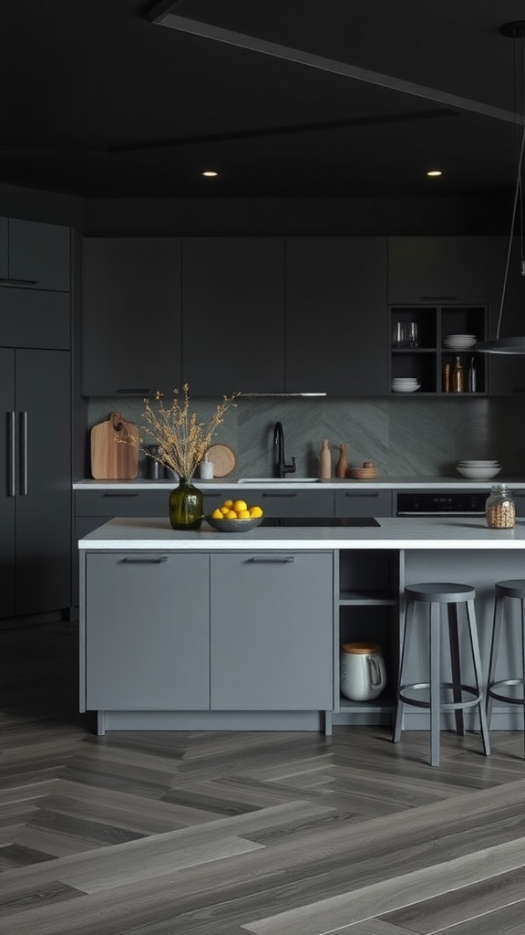 A modern dark kitchen featuring a gray island with a white countertop and stylish decor.