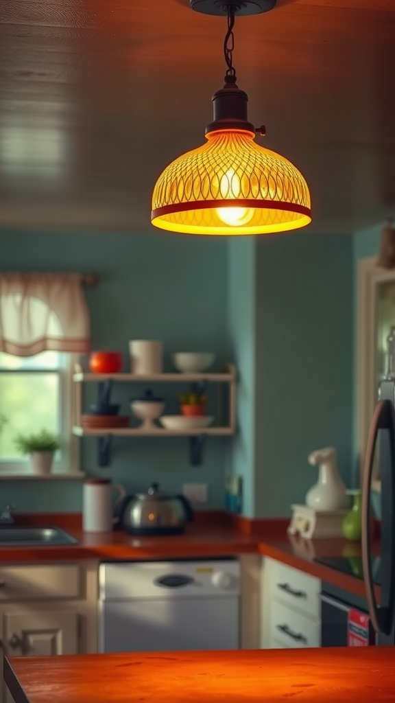 A vintage-style pendant light hanging over a kitchen counter, illuminating a cozy space.