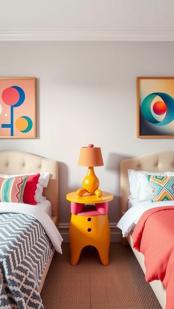 A colorful bedroom featuring a unique yellow nightstand between two beds with vibrant cushions.