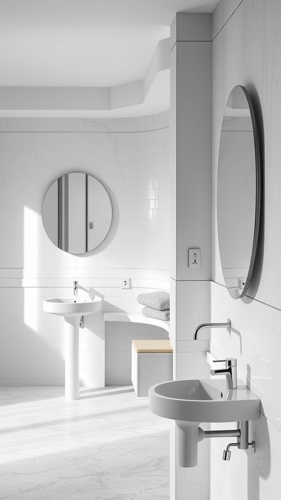 A modern bathroom showcasing unique sink designs with minimalist features and clean lines.