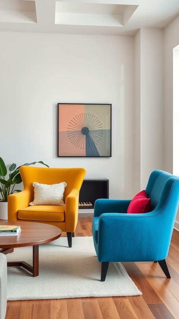 A modern living room with vibrant yellow and blue statement chairs.