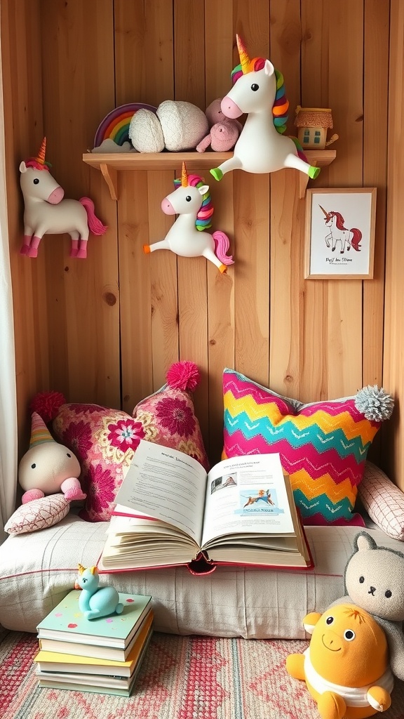 A colorful unicorn-themed book nook with plush toys and pillows.