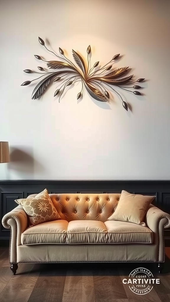 A decorative wall sculpture with leaf patterns above a beige couch.