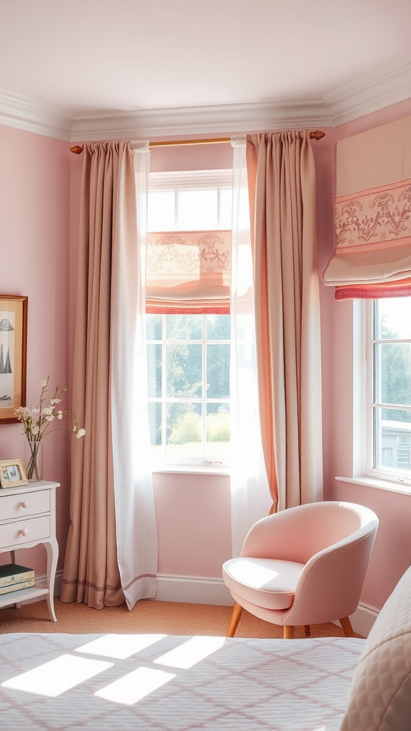 A cozy room with pink walls, featuring unique window treatments that include curtains and shades.