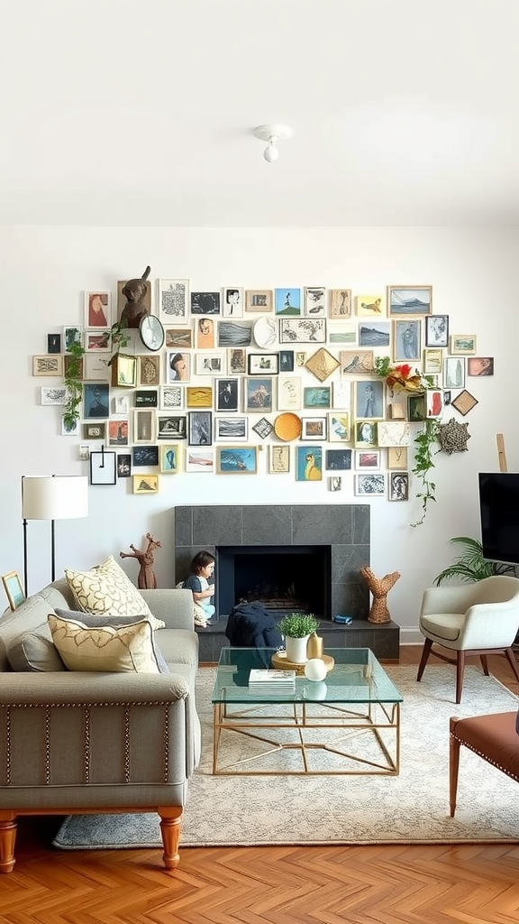 A cozy living room featuring a gallery wall with various art pieces and frames.