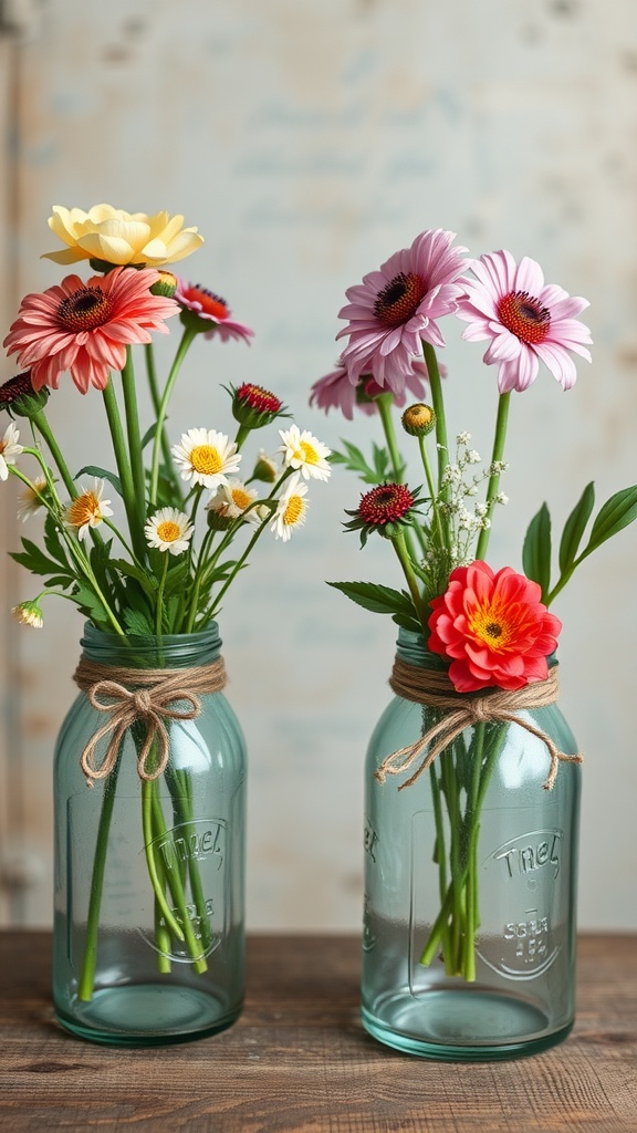 Two upcycled glass jars filled with colorful flowers, decorated with twine.