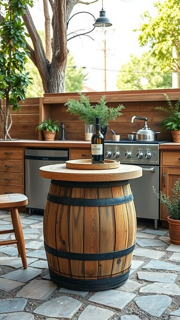 An upcycled wine barrel table with a bottle of wine and greenery on top, set in an outdoor kitchen.