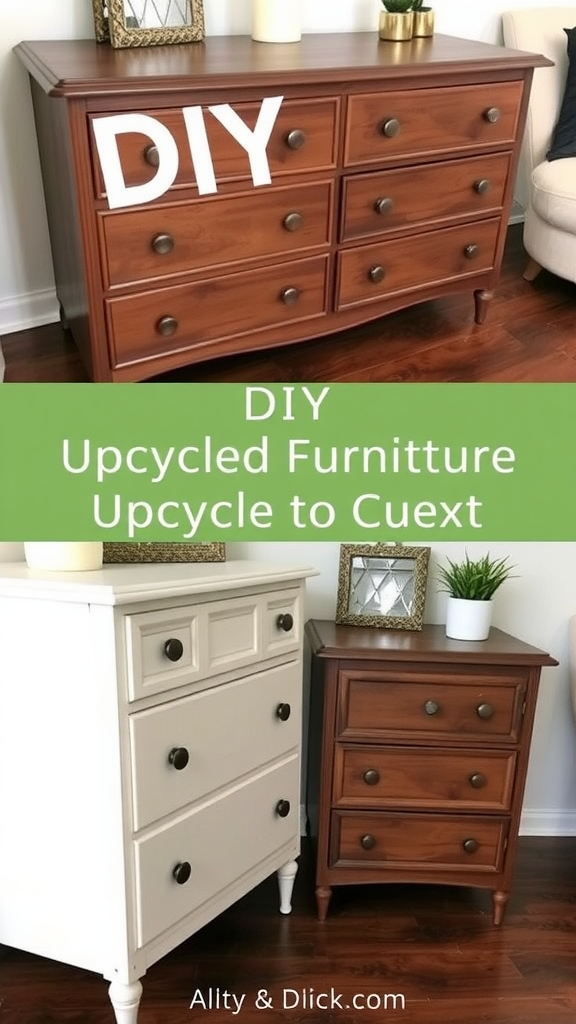 A pink dresser and a mint green nightstand showcasing upcycled furniture.