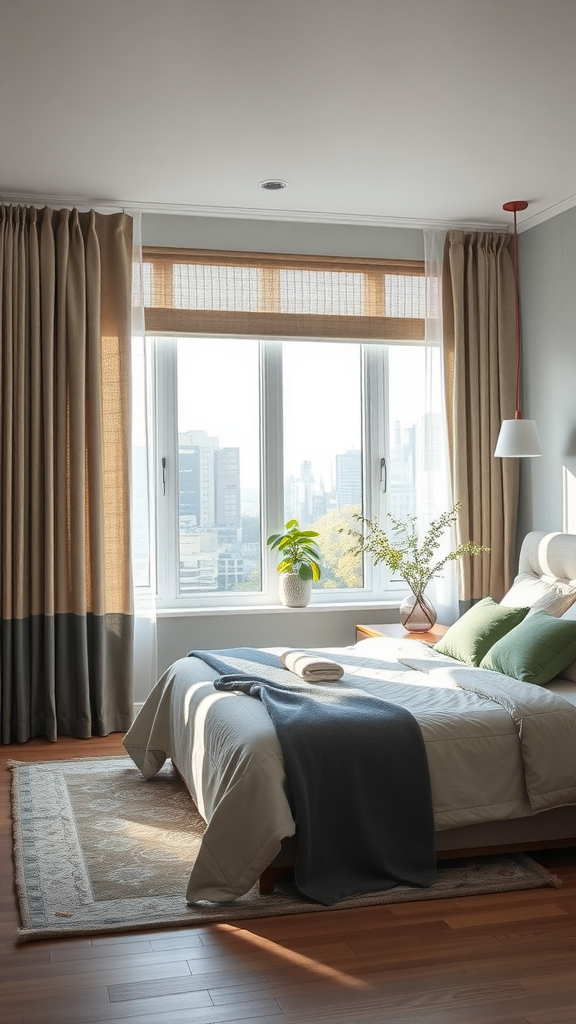 A stylish bedroom featuring modern window treatments with warm tones and a cozy aesthetic.