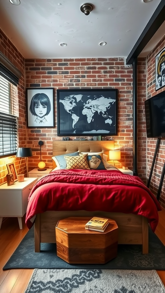 A stylish urban bedroom with exposed brick walls, a red bedspread, and modern decor.