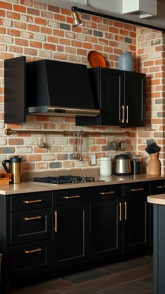 Modern espresso kitchen with black cabinets and brick wall