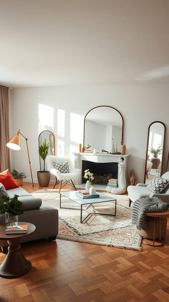 Cozy eclectic living room with mirrors reflecting light and creating space.