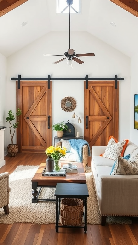 A cozy ranch-style living room featuring wooden barn doors, a coffee table, and a comfortable sofa.