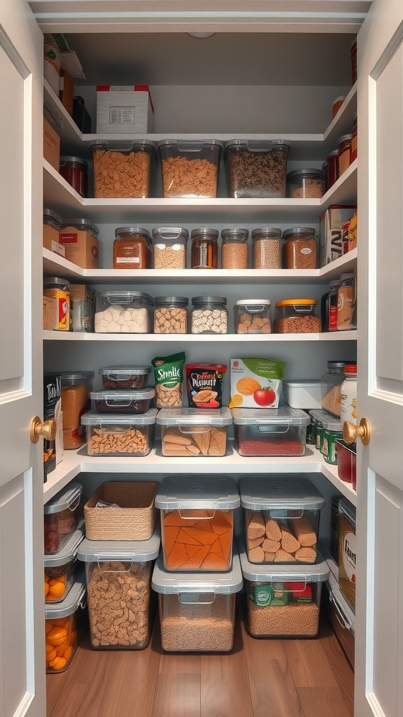 An organized corner pantry with clear containers holding various food items.