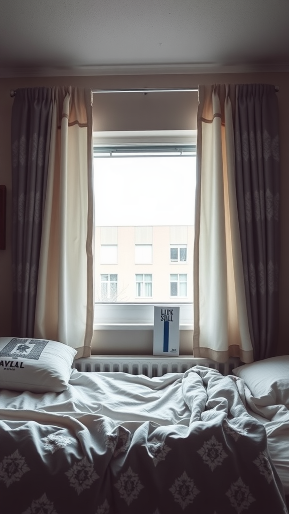 A cozy dorm room bed with curtains framing a window, showcasing a stylish and private atmosphere.